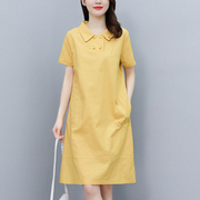 纯棉文艺黄色连衣裙女2024夏季设计感口袋宽松显瘦中长款裙子