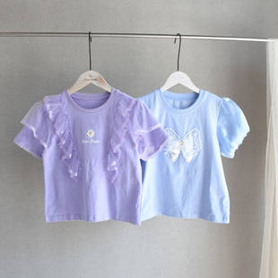 夏装上新~女中童甜美可爱款纯棉面料薄款蓝色紫色短袖T恤上衣