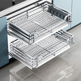 四季沐歌304不锈钢拉篮橱柜内收纳抽屉式厨房拉篮碗篮碗碟架双层
