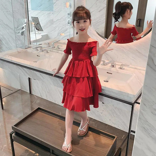 女童一字肩连衣裙，2024韩版夏季中大童洋气红色，短袖名媛风裙潮