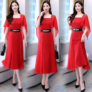 今年流行红色裙子2024年女装夏季长裙气质时尚夏装雪纺连衣裙