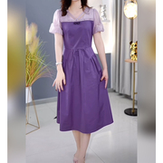 拼接紫色连衣裙夏季2024年中长款遮肉显瘦宽松气质妈妈裙子