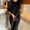 韩国chic夏季复古气质圆领修身显瘦中长款短袖开叉针织连衣裙女