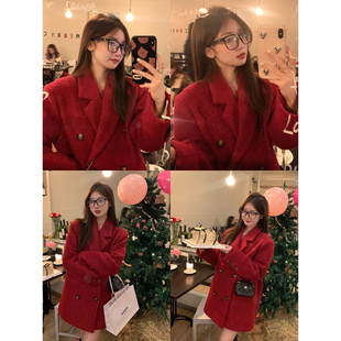 乌77圣诞新年超好看红色，细闪毛呢外套，女高级感西装中长款大衣冬季