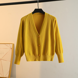 蝙蝠袖宽松开衫秋冬季显瘦黄色外套短款针织厚毛衣高级时尚感上衣