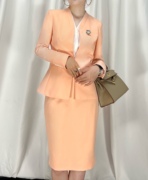 春夏奶油橘粉色套装西装套裙职业装立领两件套通勤西装裙修身半裙