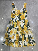 欧美时尚女神D家同款棉布定位印花黄玫瑰吊带背心收腰连衣裙