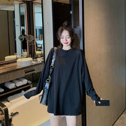 黑色中长款t恤女2024年春季大码韩版bf长袖，宽松显瘦叠穿上衣