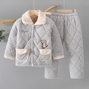 冬季儿童睡衣加绒加厚款法兰绒男童男孩宝宝珊瑚绒夹棉家居服套装