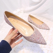 婚鞋亮片平底鞋女 尖头单鞋平跟浅口金粉色新娘伴娘鞋宴会鞋