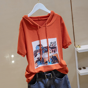 带帽子t恤女短袖棉针织衫女士2025夏季休闲套头连帽上衣宽松夏季t