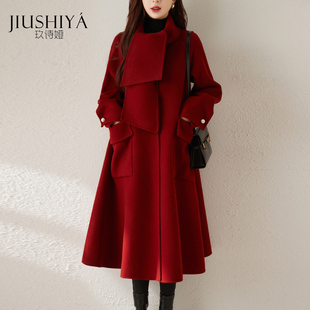 玖诗娅红色羊毛双面呢品牌新年围巾，大衣长款时尚零羊绒毛呢外套女