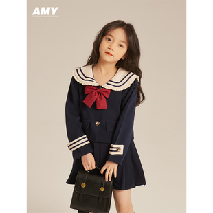 Amybaby女童套装2024儿童学院风气质简约海军领外套百褶裙