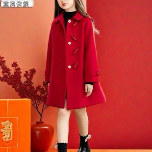 女童秋冬外套双面羊绒红色，呢大衣韩版暗扣，加厚加棉公主风童装