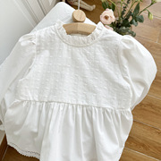 春夏季女童韩国版儿童装，白色长袖衬衫上衣棉布，蕾丝花边宝宝娃娃衫