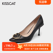 KISS CAT/接吻猫羊皮尖头婚鞋细高跟金属扣浅口单鞋女KA21500-10