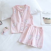 儿童夏季纯棉透气纱布，无袖短裤睡衣，女童粉色小兔亲子凉感家居服