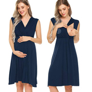 欧美孕妇装连衣袖夏装 气质V领哺乳裙显瘦小个子孕妇裙子女夏无袖