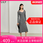 lily2024春女装气质，镂空法式优雅通勤复古方领长款针织连衣裙