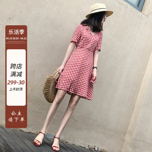 红色格子裙2024夏季女装雪纺连衣裙中长款V领复古法式仙女裙