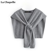 拉夏贝尔lachapelle针织披肩女韩版纯色叠搭衬衫，交叉款打结坎肩