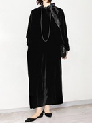 陈小满(陈小满)原创设计黑色，真丝绒连衣裙秋季款长袖，小圆领宽松后开叉长裙