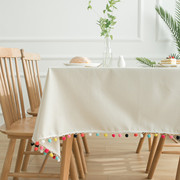 北欧现代彩色毛球天然素色棉麻桌布盖布清新白色台布防尘茶几盖巾