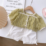 韩系夏装女童雪纺上衣时尚洋气宝宝短袖T恤儿童衣服薄款小衫绿色