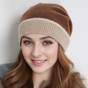 秋冬季女保暖撞色针织帽子欧美女士羊绒毛线护耳包头套头堆堆帽子