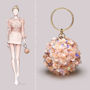 粉色立体花朵包包女晚宴礼服走秀款小圆球包高级感迷你圆环手提包