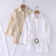 春季衬衫v领口下摆开叉纯色，中长款麻衬衫含腰带，长袖上衣15745