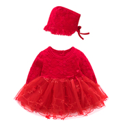 抓周礼服女宝宝长袖蕾丝裙100天公主裙婴儿秋季女童大红色裙子1岁