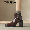 TATA PERKO联名女鞋秋冬季复古皮带扣粗跟短靴女高跟方头靴子