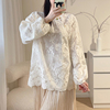 白色新中式国风珍珠扣蕾丝，刺绣花边衬衫，女春宽松微透防晒罩衫