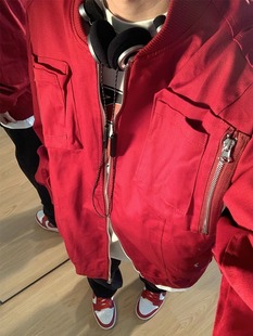 春秋美式街头男女工装夹克复古酒红情侣装棒球服飞行员高级感外套