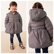 英国next童装23冬女童女宝宝，深紫色波点印花束腰款拉链保暖外套