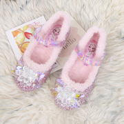 女童公主鞋冬季爱莎水晶鞋加绒单鞋，粉色软底鞋子小女孩平底鞋