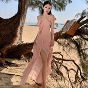 氛围感荷叶边吊带仙女裙法式胸前绑带开叉连衣裙海边度假沙滩长裙