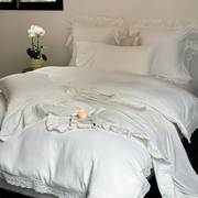 韩式素色百搭公主风全棉双层纱白色四件套纯棉花边被套床单床品