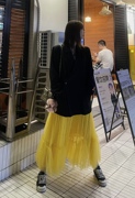 韩系街头百搭松紧腰网纱拼接设计感半身裙大摆长裙黄色纱裙女夏季
