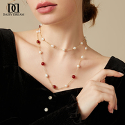 法式天然珍珠玛瑙拼接项链，女气质长款小众，设计感毛衣链复古高级感