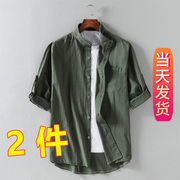亚麻7分袖衬衫男士夏季中式纯色上衣男式时尚休闲棉麻短袖衬衣寸
