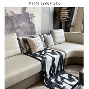 现代简约轻奢黑白水墨抽象图案包边搭毯样板房床尾毯披毯