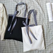 夏季韩国时尚格子系带蝴蝶结单肩包百搭学生帆布包手提包女士包包