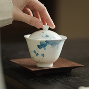 弥言釉下彩白瓷盖碗青花手绘游鱼泡茶碗大号茶杯手工功夫茶具日式