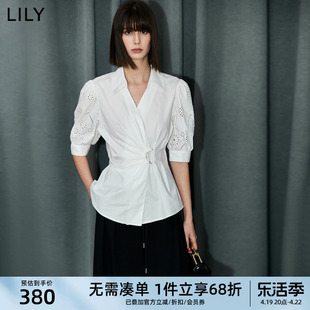 lily2024夏女装(夏女装)设计感不对称腰带浪漫泡泡袖衬衫雪纺衫上衣女