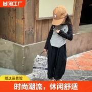 秋季韩版女童插肩袖T恤撞色拼接长袖上衣2023年纯色休闲长裤