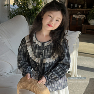 奶油kids童装女童法式甜美格子蕾丝花边衬衫，2024春季长袖上衣