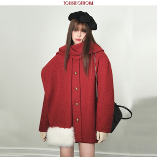 Torisee原创设计冬日新年红色战衣斗篷披肩毛呢大衣外套女