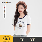 三福短袖T恤女2025新款夏季美式印花撞色短款圆领上衣女装495811